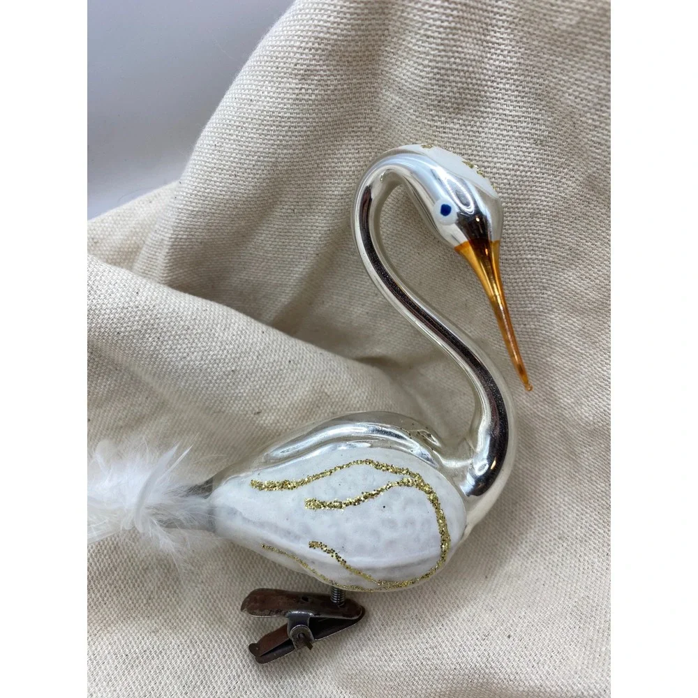 Vintage Glass Swan Ornament‎ White Gold Glitter Clip On Feather Tail Christmas